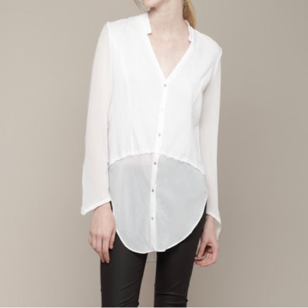 Helmut Lang Womens Element Sheer Hem Shirt Collared V-neck Cotton/Silk Sz L